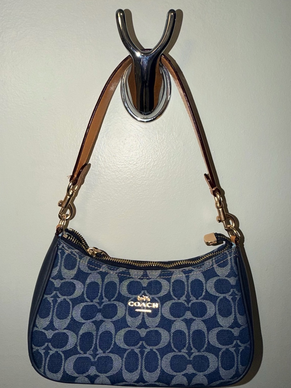 Coach Denim Blue Signature Mini Shoulder Bag with Gold Hardware